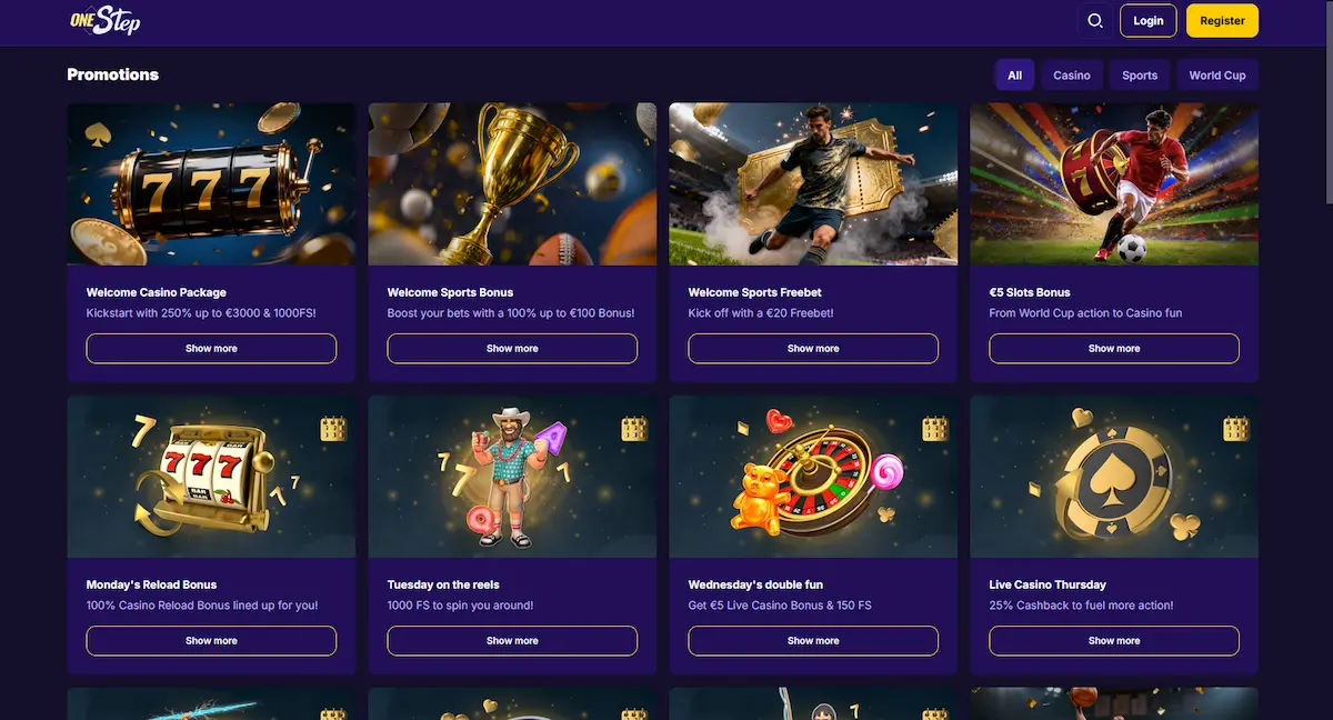 Willkommensbonus-Übersicht bei Onestep Casino