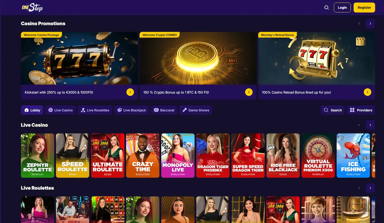 Live-Casino-Lobby von Onestep Casino mit echten Dealern