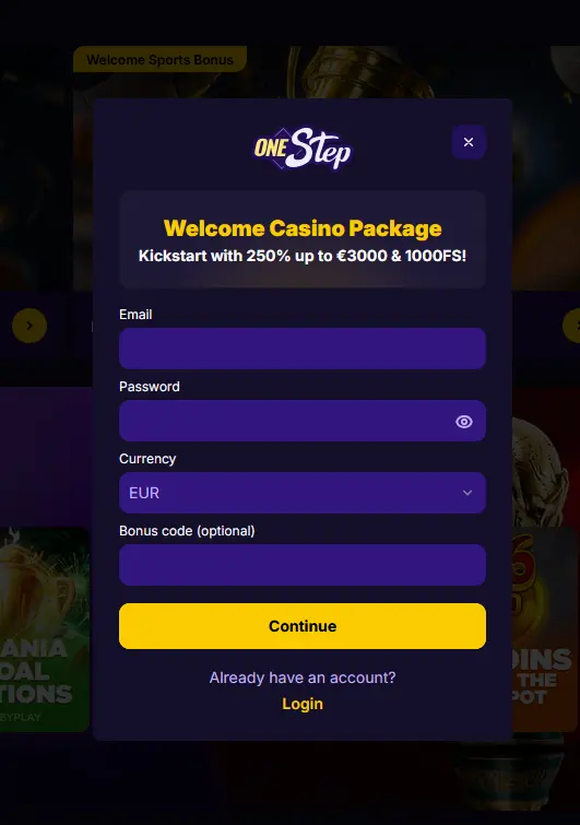 Registrierungsformular bei Onestep Casino