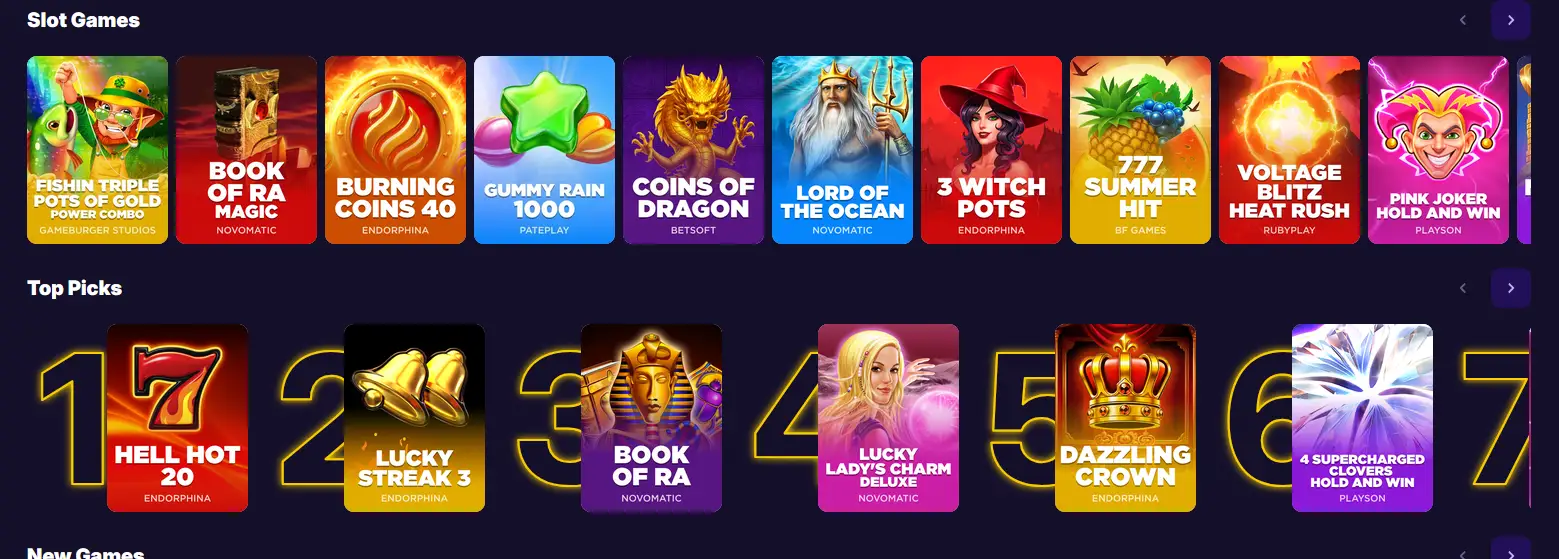 Auswahl an Spielautomaten bei Onestep Casino